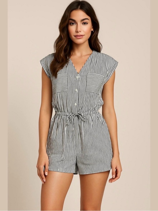Michael Stars Pants - Michael Stars Talula Striped Romper Gray White Drawstring Button Front Pockets